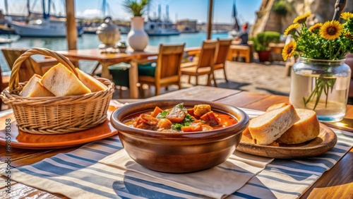 Sopa de pescado con mariscos servida en una mesa al aire libre con pan y flores frescas.