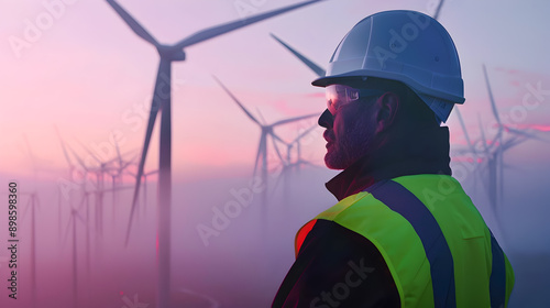 A photograph of an engineer in a high visibility vest and hard hat inspecting wind turbines at dawn the turbines partially obscured by morning mist