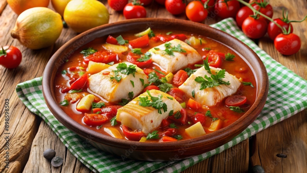 Bacalao en salsa de tomate con patatas y tomates cherry servido en un plato rústico sobre un mantel de cuadros verdes. Bacalao en salsa de tomate con patatas y tomates cherry servido en un plato rústico sobre un mantel de cuadros verdes.
