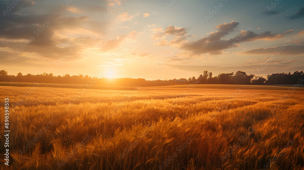 Golden wheat field bathed in warm sunset light, tranquil sky Golden wheat field bathed in warm sunset light, tranquil sky