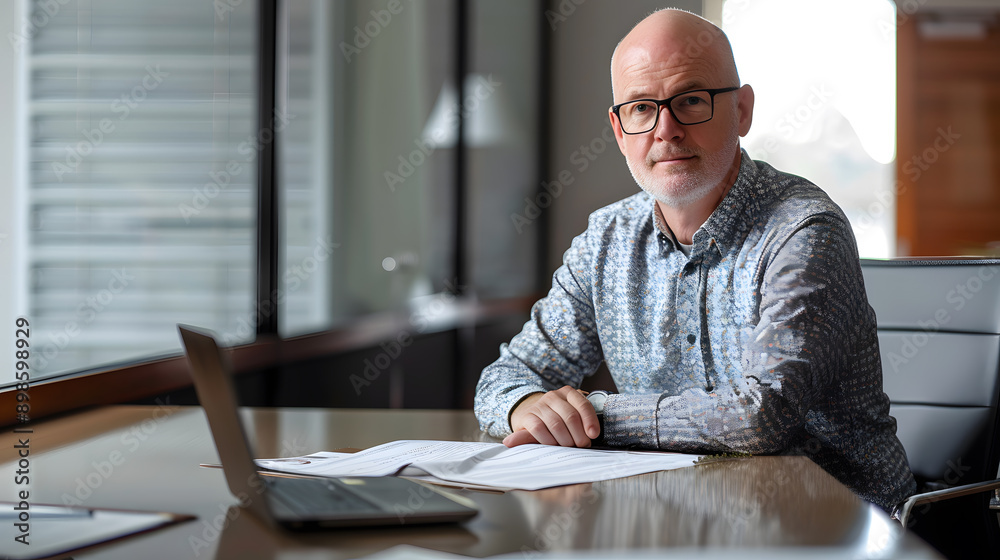 Confident businessman sitting at a desk in a modern office. Confident businessman sitting at a desk in a modern office.