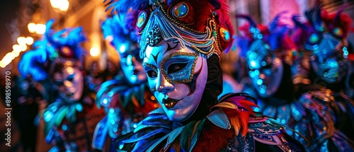 Vibrant costumes at a monochrome masquerade ball, hidden identities