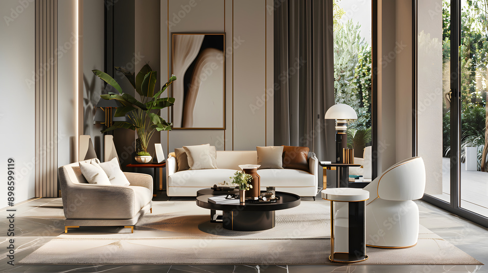 Elegant living room with modern furniture and large windows. Elegant living room with modern furniture and large windows.
