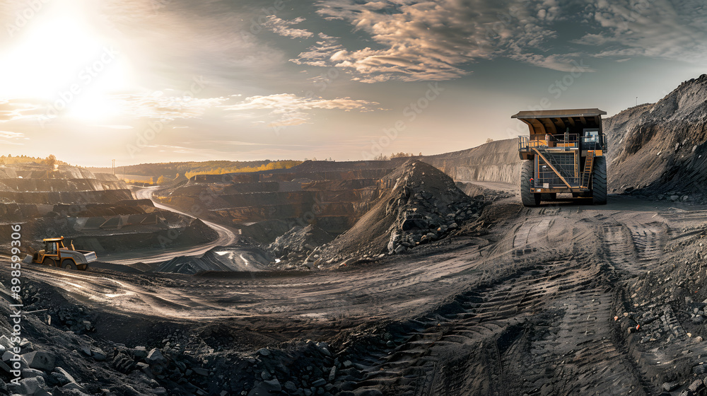 Large mining vehicle on a dirt road with dramatic skies. Large mining vehicle on a dirt road with dramatic skies.