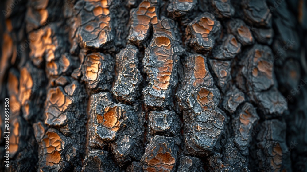 Close up view of burnt tree bark, revealing intricate charred texture from wildfire. Shows impact of climate change on forests Close up view of burnt tree bark, revealing intricate charred texture from wildfire. Shows impact of climate change on forests