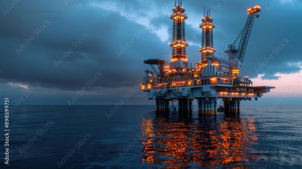 A stunning oil rig illuminated at sunset, reflecting on calm ocean waters, showcasing industrial beauty and technology at sea. A stunning oil rig illuminated at sunset, reflecting on calm ocean waters, showcasing industrial beauty and technology at sea.