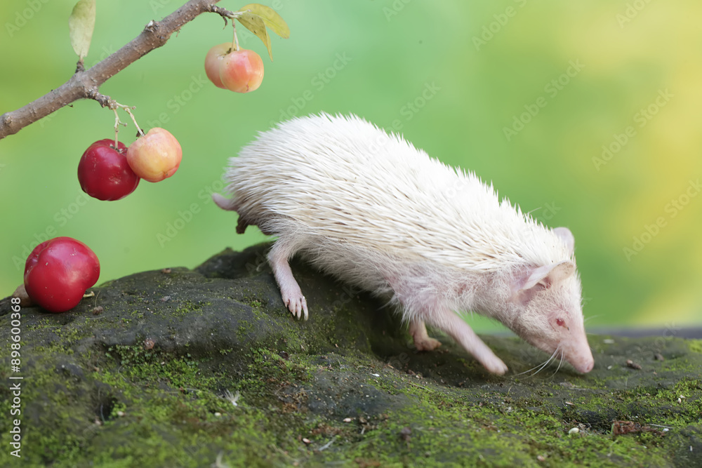 Obraz premium A young hedgehog is eating a ripe Barbados cherry that fell to the ground. This mammal has the scientific name Atelerix albiventris.