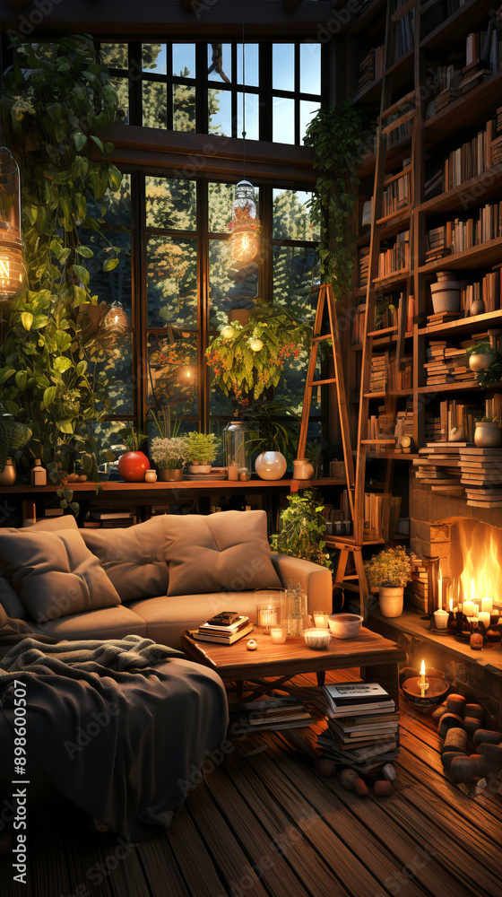 A cozy space filled with candles, books, and plants, creating an ambiance that promotes self-care and relaxation. A cozy space filled with candles, books, and plants, creating an ambiance that promotes self-care and relaxation.