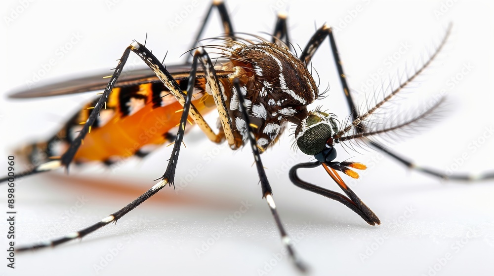 Aedes aegypti mosquito standing on a white surface, a common pest known for spreading diseases such as dengue fever and zika virus