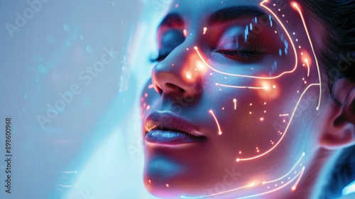 Close-up of a facial with a futuristic vibe, technology integrated into the process, glowing tools analyzing the skin