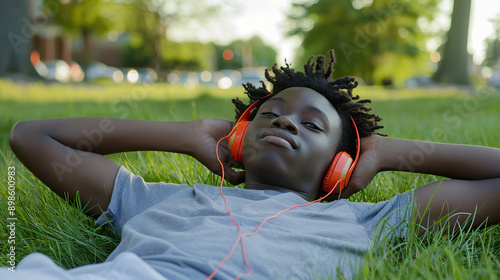 African american boy listening mucin in the city park. photo