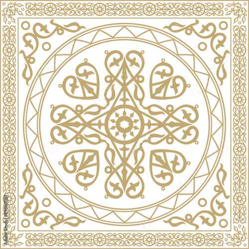Vector gold square Yakut ornament. An endless rectangular border, a frame of the northern peoples of the Far East.