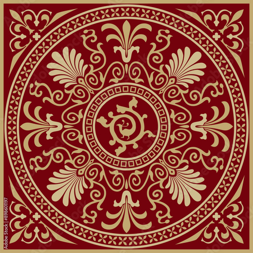 Vector red and gold colored square ornament of ancient Greece. Classic tile pattern of the Roman Empire