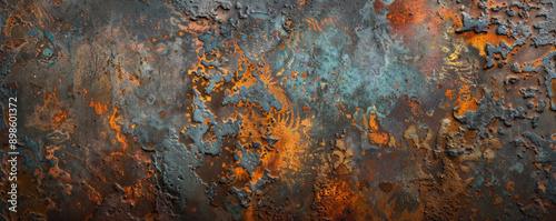 A corroded metal surface with intricate rust patterns and a rich patina, evoking a sense of history. photo