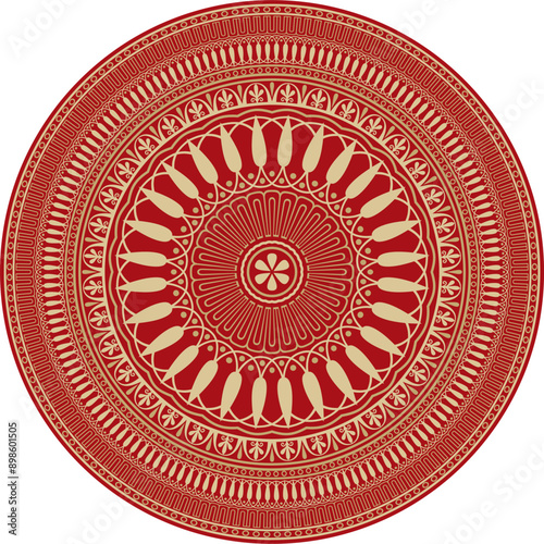 Vector gold with red classic Greek round ornament. Circle of Ancient Greece and the Roman Empire. Byzantine painting of walls, floors and ceilings. Decoration of European palaces