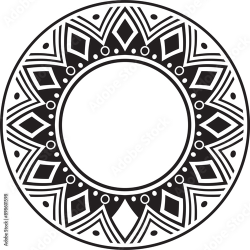 Native American vector round monochrome pattern. Geometric shapes in a circle. National ornament of the peoples of America, Maya, Aztecs, Incas