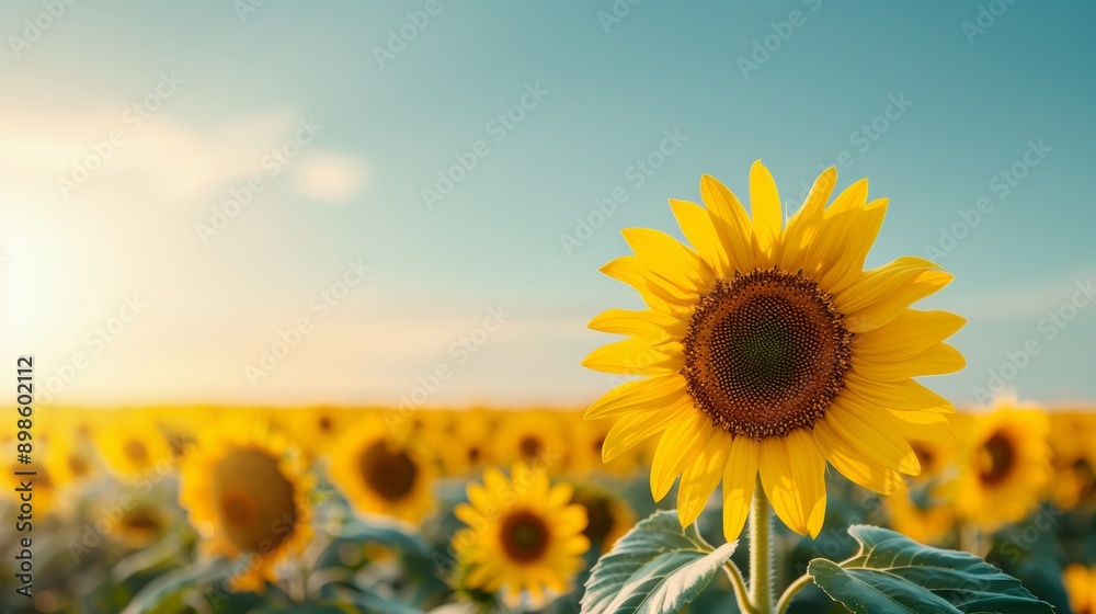 Fototapeta premium A beautiful sunflower field under a clear blue sky, with copy space, high-resolution photo, cinematic image, hyper realistic