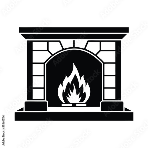 Cozy Fireplace Christmas Day Silhouette Vector Elements on White Background.