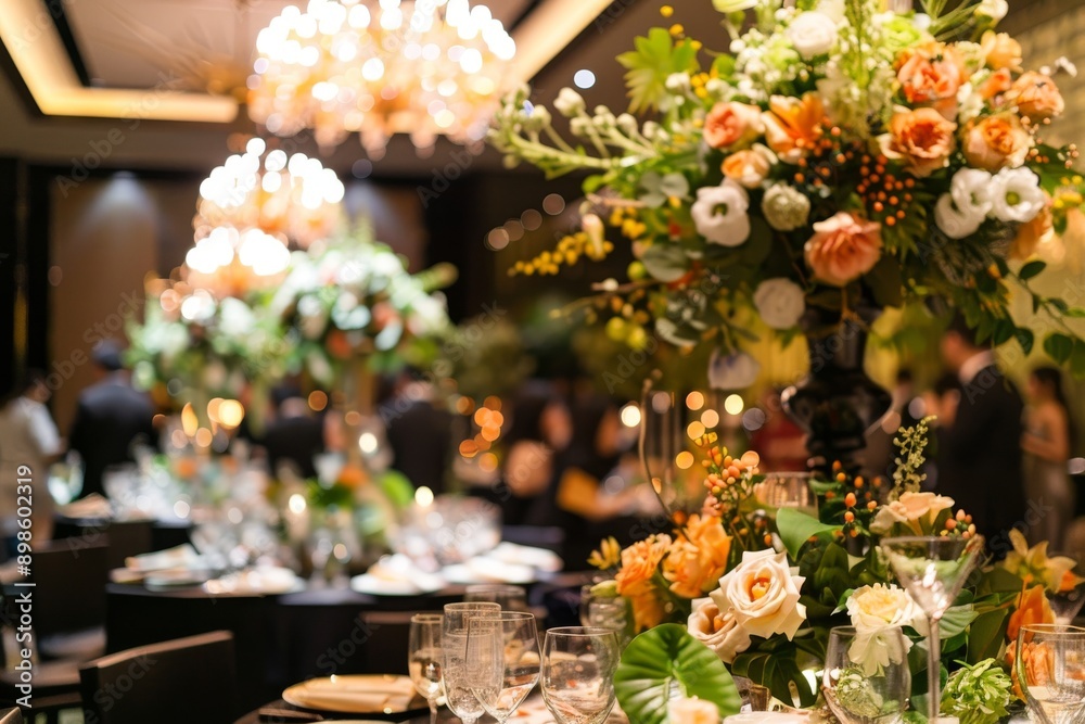 Elegant floral centerpieces with soft lighting and blurred background of a formal event.