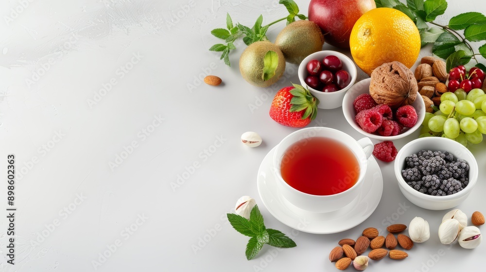 A beautifully arranged table with herbal teas, fresh herbs, and a teapot, with copy space, high-resolution photo, realistic photo, hyper realistic A beautifully arranged table with herbal teas, fresh herbs, and a teapot, with copy space, high-resolution photo, realistic photo, hyper realistic