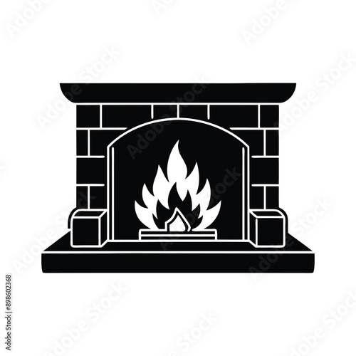 Cozy Fireplace Christmas Day Silhouette Vector Elements on White Background.