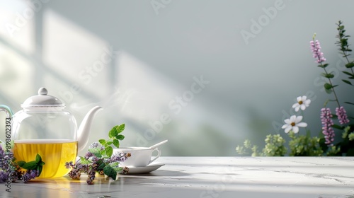 A beautifully arranged table with herbal teas, fresh herbs, and a teapot, with copy space, high-resolution photo, realistic photo, hyper realistic photo