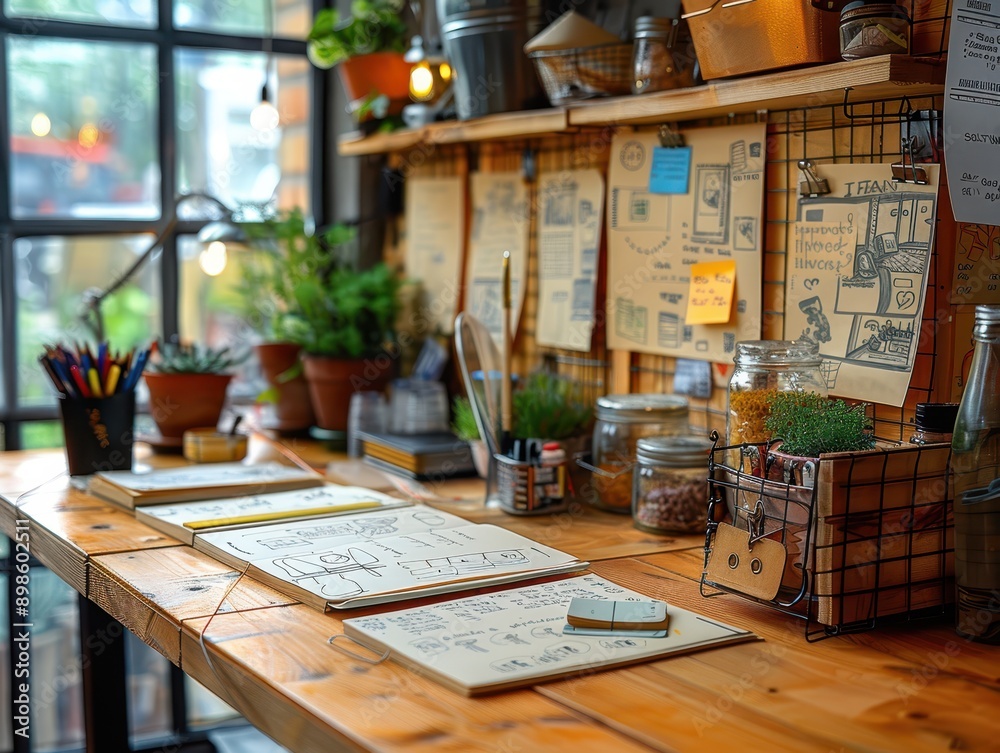 Creative Hand-Drawn Sketches and Doodles on Colorful Sticky Notes on Wooden Desk Creative Hand-Drawn Sketches and Doodles on Colorful Sticky Notes on Wooden Desk