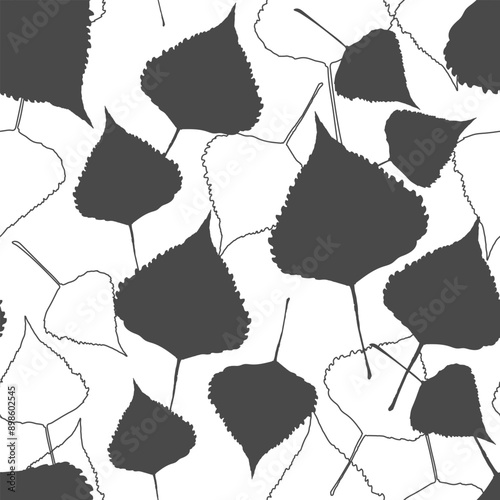 Poplar leaf. Black and white seamless pattern. Silhouette of leaves on light background. Great design for fabric, wallpaper, wrapping paper, linens. Vector illustration.