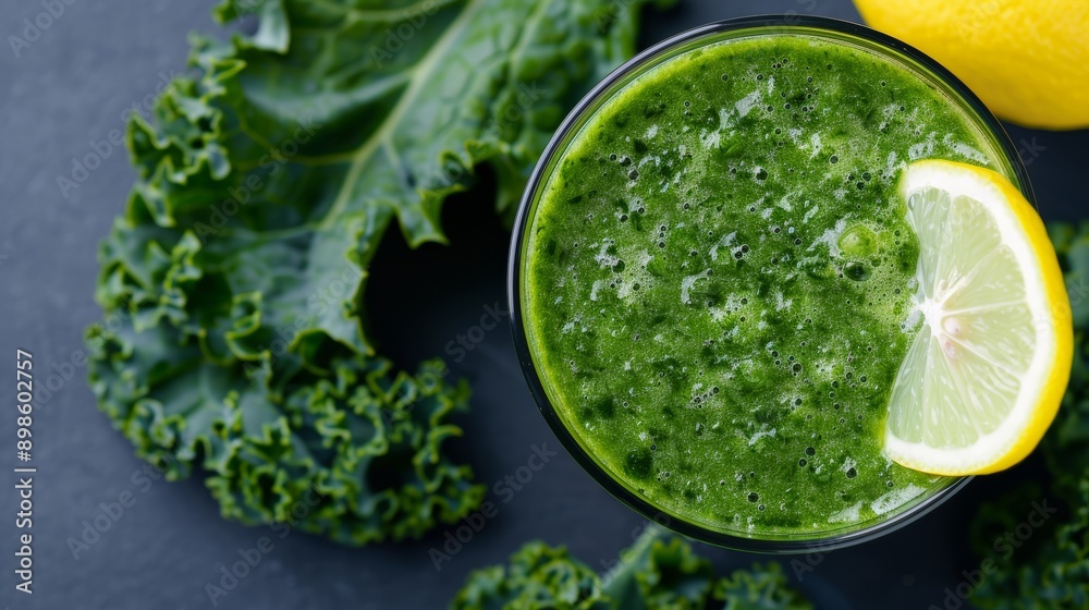 A close-up of a healthy green smoothie with fresh spinach, kale, and a slice of lemon, with copy space, high-resolution photo, realistic photo, hyper realistic A close-up of a healthy green smoothie with fresh spinach, kale, and a slice of lemon, with copy space, high-resolution photo, realistic photo, hyper realistic