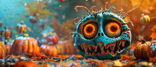 Cheerful 3D Halloween Zombie Model Surrounded by Colorful Decorations in a Festive Setting