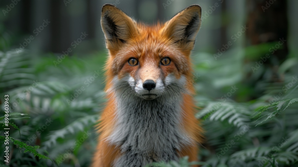 Obraz premium Majestic red fox is standing in a lush green forest, its piercing gaze captivating the viewer