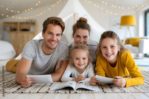 In the living room, a young nuclear family lies on the floor playing with toys and reading a children's storybook, spending a cozy weekend day indoors