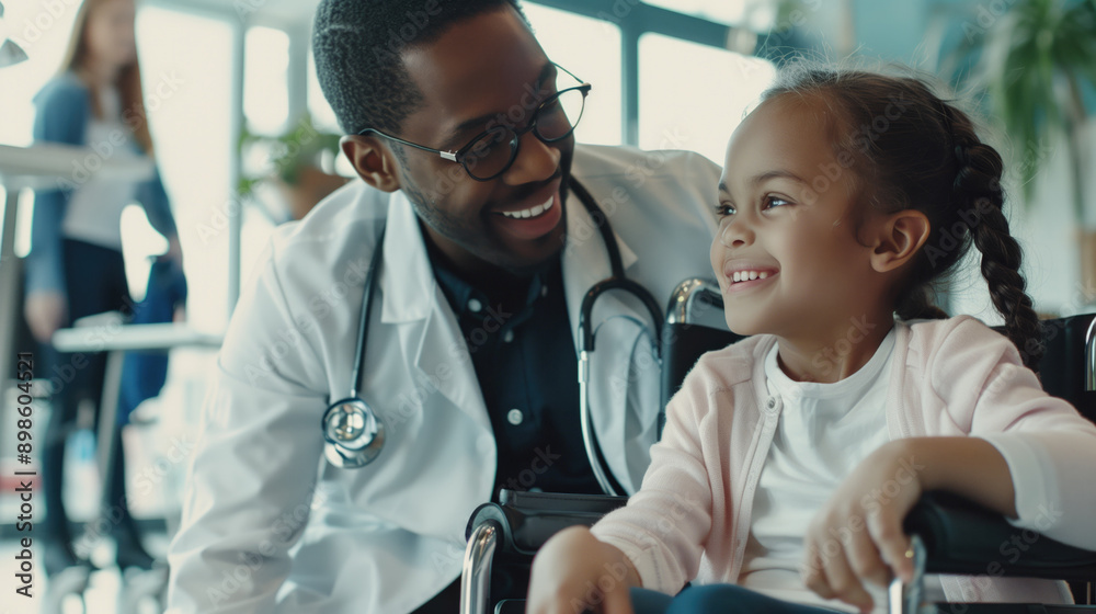 Smiling little girl sitting on the wheelchair lokking at the doctor in the hospital, Young multiracial doctor having fun with little girl on wheelchair, generative ai Smiling little girl sitting on the wheelchair lokking at the doctor in the hospital, Young multiracial doctor having fun with little girl on wheelchair, generative ai