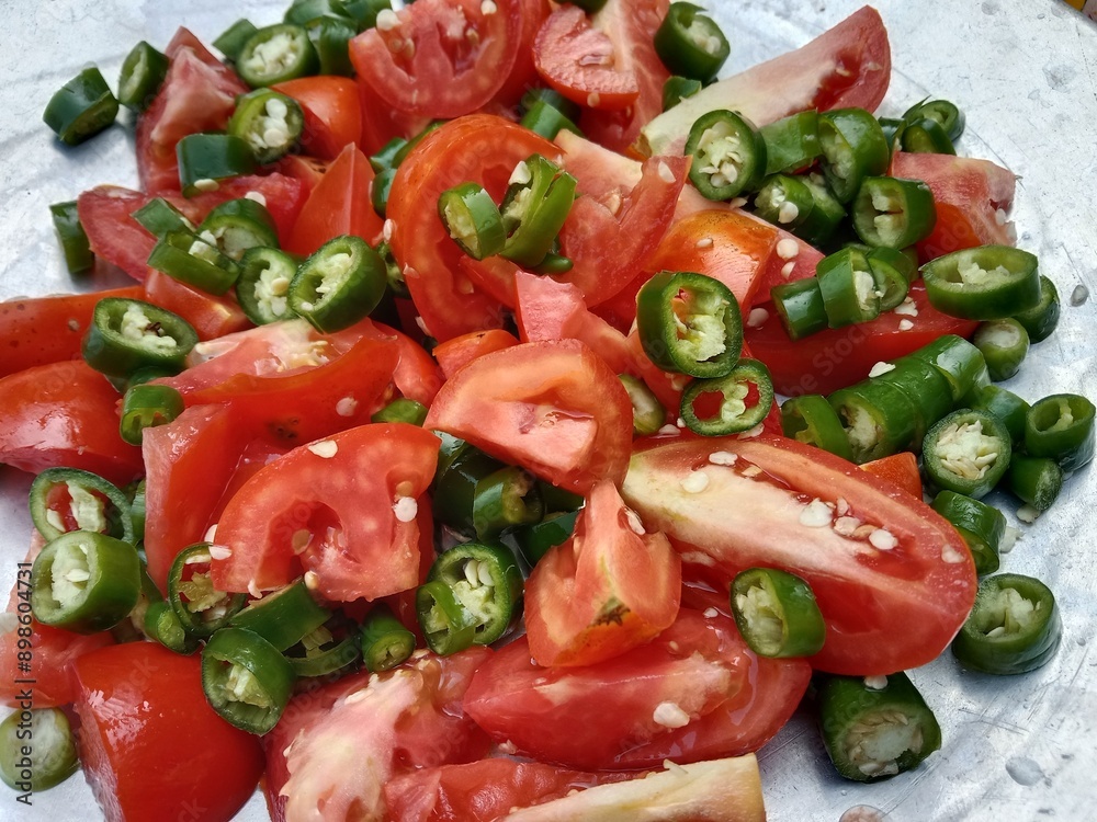 Sliced tomatoes with Chopped green chili pepper in a top.Cutted tomato piece with cutted green chillies pattern background Sliced tomatoes with Chopped green chili pepper in a top.Cutted tomato piece with cutted green chillies pattern background
