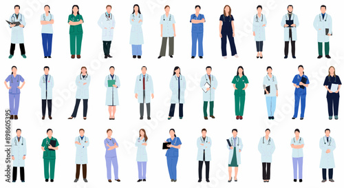 Medical staff . Doctors, nurses, paramedics. Different male and female medic workers in uniform with stethoscopes. 