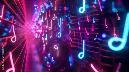 Neon music notes glow brightly in a futuristic tunnel. A vibrant abstract background.