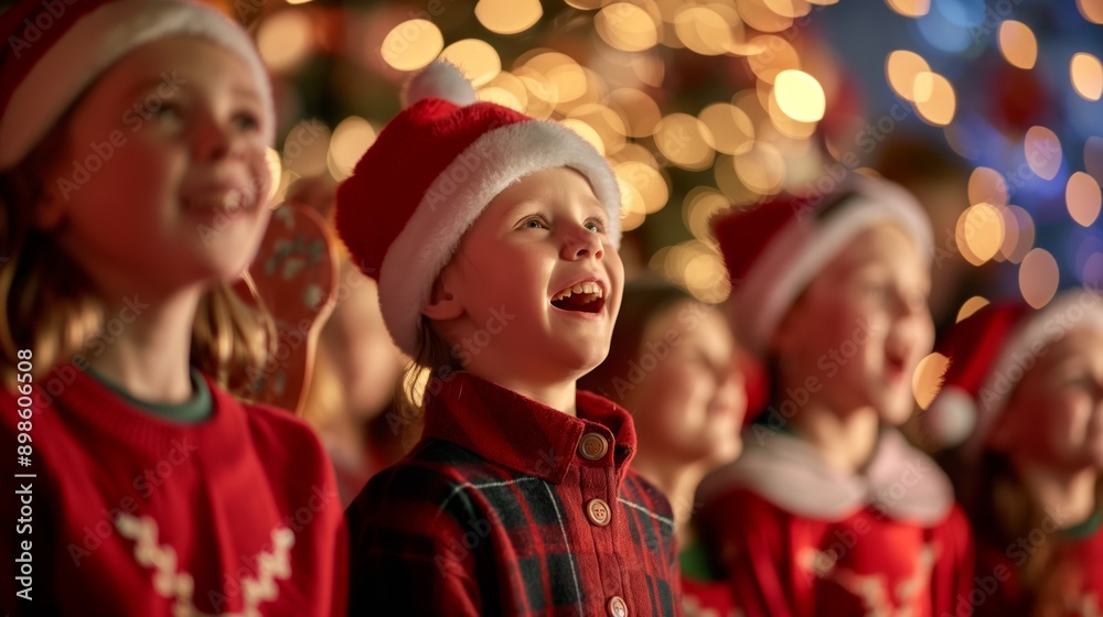 Children in the choir sing Christmas songs at the decorated Christmas tree, with festive outfits and joyful faces Children in the choir sing Christmas songs at the decorated Christmas tree, with festive outfits and joyful faces