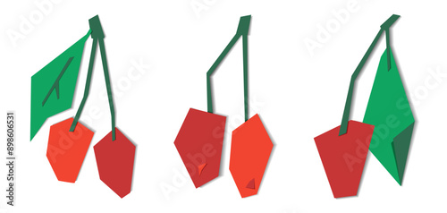 Set of cherries with a leaf made of colored paper. Vector illustration. Applique. Tasty and healthy. Naive children's creativity