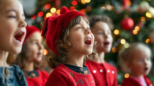 Children in the choir sing Christmas songs at the decorated Christmas tree, with festive outfits and joyful faces