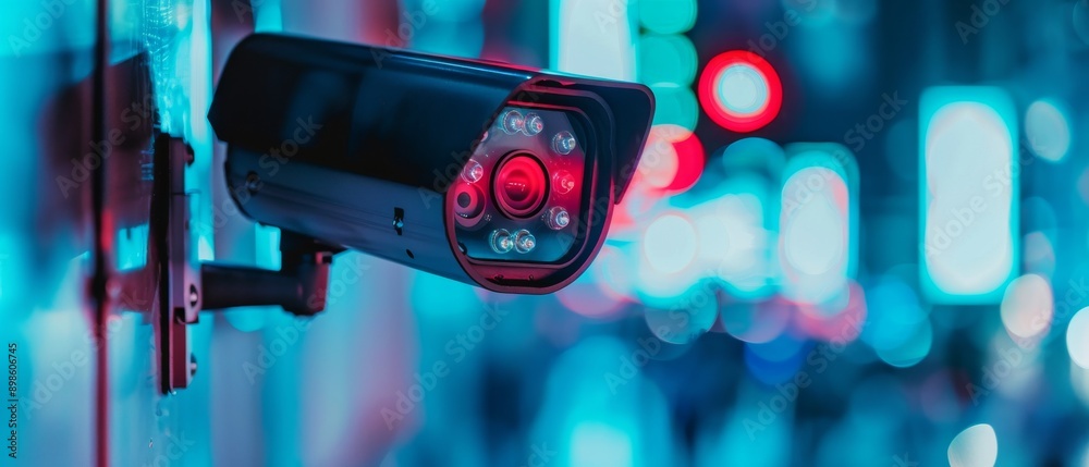Security camera mounted on a wall, with blurry city lights in the background. Security camera mounted on a wall, with blurry city lights in the background.