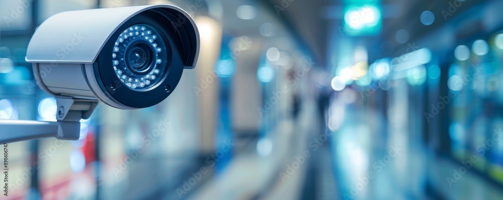 Security camera mounted on wall, blurred background. Security camera mounted on wall, blurred background.