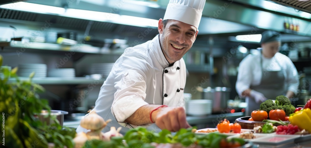 Smiling chef preparing food in a commercial kitchen. Smiling chef preparing food in a commercial kitchen.