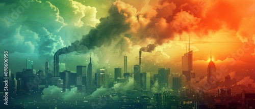 Smog and pollution over a city skyline.