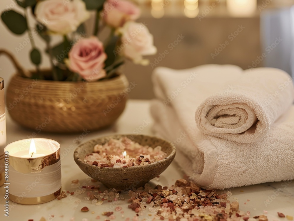 Spa treatment essentials: candles, towels, and Himalayan salt. Perfect for relaxation and rejuvenation. Spa treatment essentials: candles, towels, and Himalayan salt. Perfect for relaxation and rejuvenation.