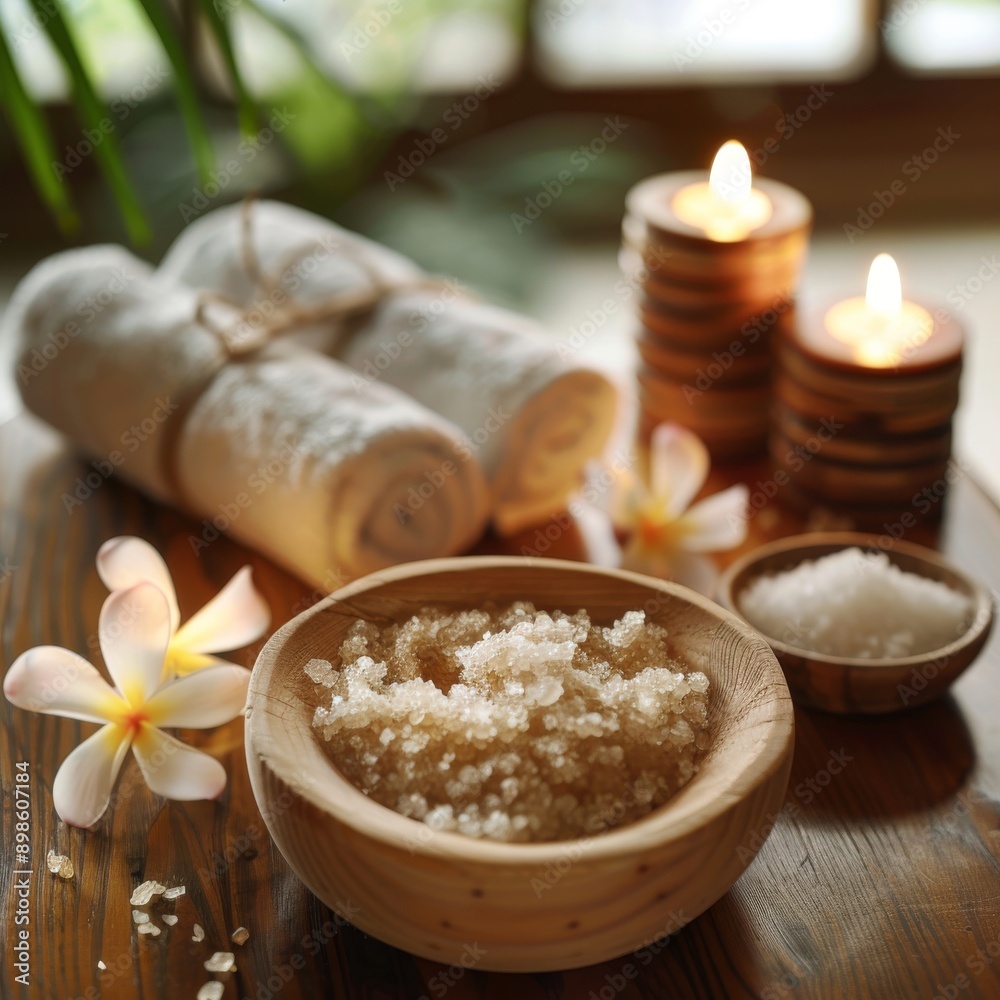 Spa treatment setup with candles, towels, and bath salts on a wooden table. Spa treatment setup with candles, towels, and bath salts on a wooden table.
