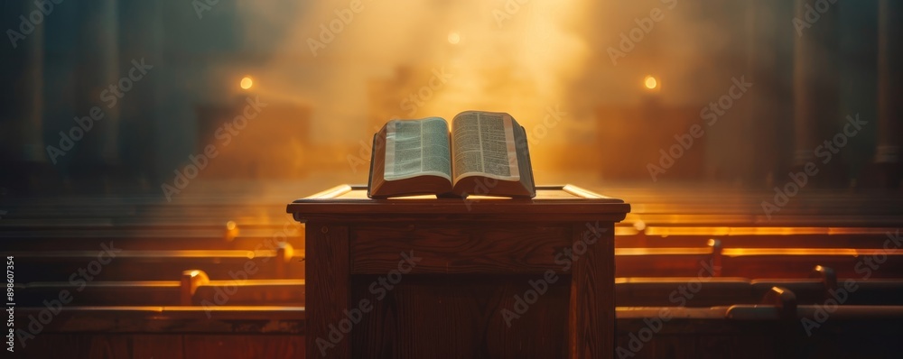 Naklejka premium Open bible on a church pulpit with sunlight streaming through the windows