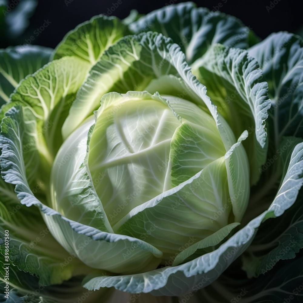 Fototapeta premium A detailed close-up of a fresh white green cabbage shows the intricate patterns of its leaves, veined textures, and the subtle shades of green that darken towards the outer layers. Natural beauty.
