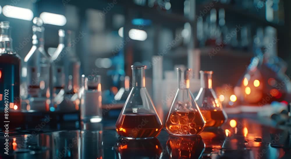 A table with several glass beakers and bottles, some of which are filled with liquid. The scene is set in a laboratory, and the mood is scientific and focused A table with several glass beakers and bottles, some of which are filled with liquid. The scene is set in a laboratory, and the mood is scientific and focused