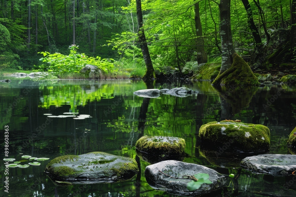 Fototapeta premium Tranquil forest pond with mossy rocks and lily pads, reflecting lush greenery.