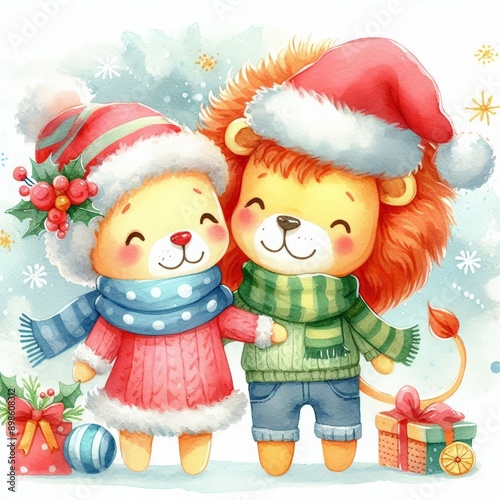 Two adorable lion cubs in winter wear, holding hands and smiling. Perfect for Christmas cards and holiday decorations.